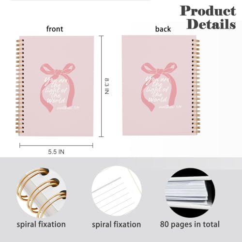 Christian Pink Bow Spiral Notebook Journal Gifts for Women Teen Girl - color: you are the light of the world