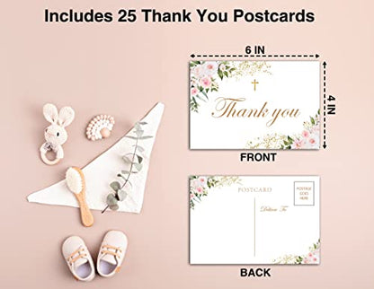 Baptism Thank You Post Cards, Boho Blush Pink Floral Baby Shower Thank You Card, Greenery 1st Communion Religious Christening Ceremony Celebration, Gender Reveal Party Decorations - A04(25 Pack) - style: Boho Blush Pink Floral