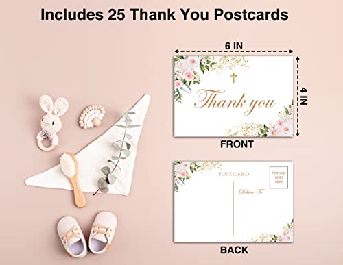Baptism Thank You Post Cards, Boho Blush Pink Floral Baby Shower Thank You Card, Greenery 1st Communion Religious Christening Ceremony Celebration, Gender Reveal Party Decorations - A04(25 Pack) - style: Boho Blush Pink Floral