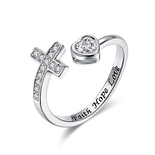 APOTIE 925 Sterling Silver Cross Ring - True Love Wait Purity Ring Cubic Zirconia Adjustable Ring Jewelry Gift for Women - style: Faith Hope Love