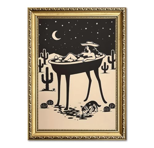 Funny Cowgirl Bathroom Wall Art, Vintage Western Cowgirl in Bathtub Wall Decor Picture Southwestern Desert Cowboy Canvas Prints Painting for 12x16 Inch Gold Framed - color: Cowboy-X, size: 16"L x 12"W