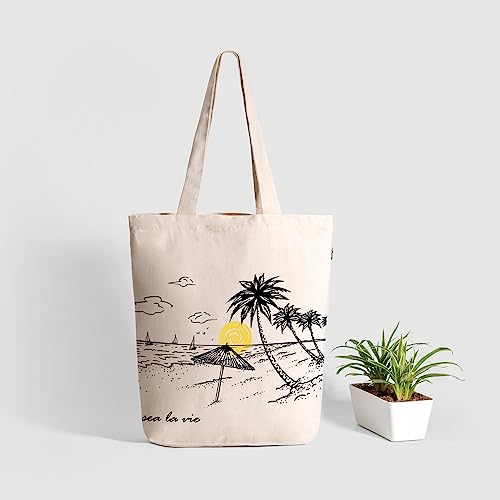Ecoright Tote Bag for Women with Zipper, Small Tote Bag, Canvas Bag, Reusable Cotton Bag for Beach, Grocery, School & Work - color: Sea La Vie Beach