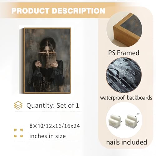 Dark Academia Lady Reading Framed Canvas Wall Art 16x24 inch - color: Black dress, size: 16"x24" Natural