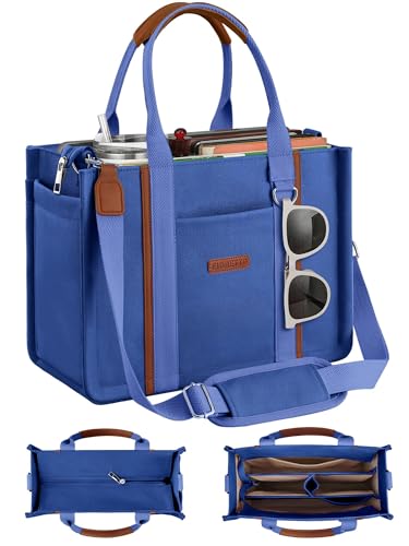 FIORETTO Women’s Canvas Tote Bag Purse with Zipper, Multi Compartment & Reinforced Bottom, Ideal for Work, Bible, Travel - color: Denim Blue, size: Large, style: Built-in Organizer