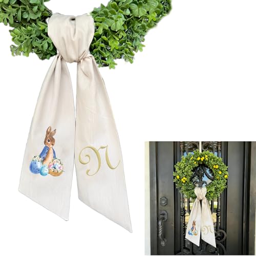 Rabbit Easter Wreath Bow Custom Embroidered Monogram Spring Bunny Wreath Sash for Front Door Hand Tailored Easter Decorations Spring Bows for Wreaths (N) - color: N