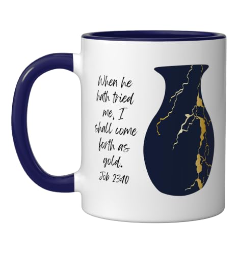 Bible Verse Jesus Christ Kintsugi Vase Gold Job Christian Ceramic Mug, Dark Blue/White, 11oz - color: Dark Blue/White, size: 11 Ounces