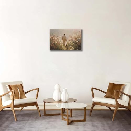 Framed Jesus Wall Art Jesus and the Lamb Walking Among Flowers Christian Poster Print Religious Art Canvas Painting for Living Room, Church, Prayer Room, Bedroom, etc., 12x16 in - color: Jesus Wildflower Sheep3, size: 12x16 Inches