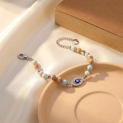 Bracelet for Women Natural Stone Beaded, Stainless Steel Charms, Adjustable - color: 1-Evil eye