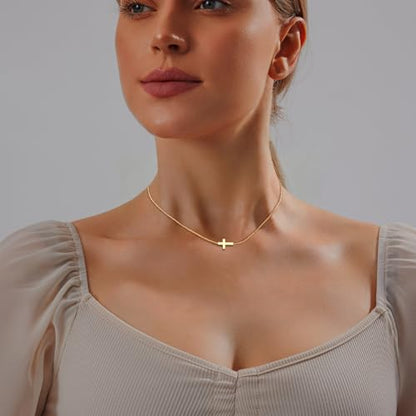 Airmb Cross Necklace for Women Choker 14K Gold/925 Silver Plated Dainty Choker Small Cross Pendant Trendy Cute Cross Charm Delicate Necklace Hypoallergenic Faith Jewelry Religious Gifts for Women - color: Sideways Cross-Gold Plated