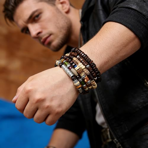 HZMAN Handmade Hemp Cords Wood Beads Leather Bracelets for Men Women - style: Bohemian