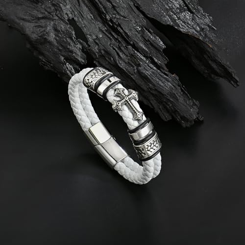 Mens Christian Cross Double Row Leather Bracelet, Religious Braided Cuff Bracelet for Men - color: White, size: 8.5 inches
