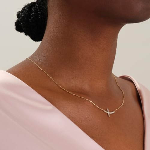 MONOZO Dainty 14K Gold Plated Cross Necklace for Women Jewelry Gifts Trendy - color: Gold - Sideway Diamond Cross