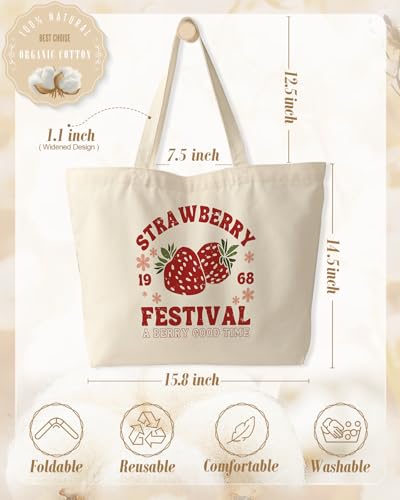Miss Adola Large Tote Bag for Women - Canvas Tote Bag with Zipper Aesthetic Reusable Shoulder Bag for Gym, Travel, Work - style: Strawberry Festival