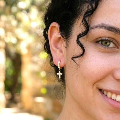 14K Gold Plated Cross Earrings for Women – Hoop Huggie Dangle Earring – Stainless Steel, Hypoallergenic, Lightweight CZ, Water‑Resistant & Tarnish‑Resistant Everyday Jewelry
