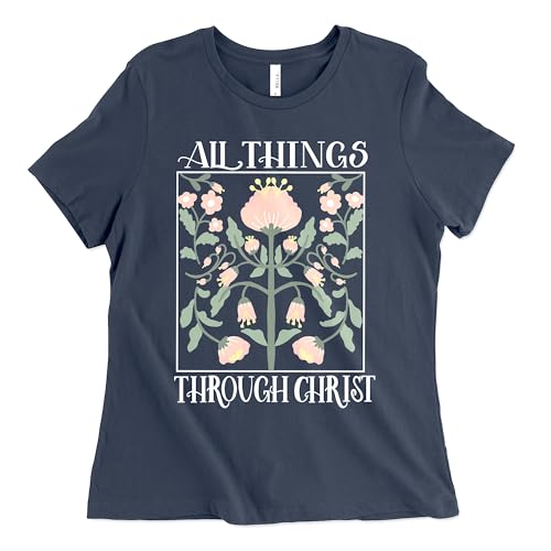 Christian Shirts for Women, Bible Verse Scripture, Jesus Faith Graphic Tee - color: Philippians 4:13 Floral - Navy, size: Small