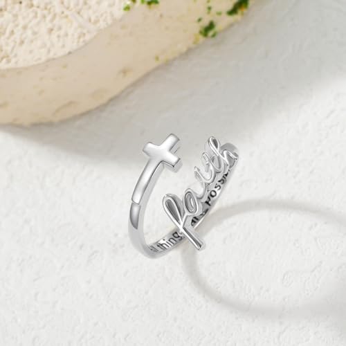 Cross Rings Faith Ring 925 Sterling Silver Adjustable Cross Wrap Ring Christian Fashion Band for Women - color: A-White Gold