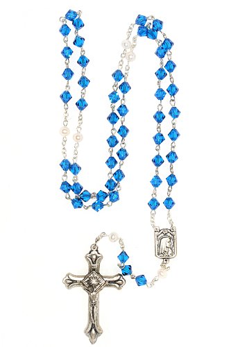 Catholic Prayer Rosary Created with Swarovski® Crystals-Glass-Silver-Gold - color: Capri Blue-Silver