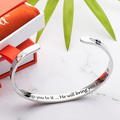 Carviell Bracelets for Women – 100+ Meaningful Engraved Messages – Solid 316L Surgical Stainless Steel Cuff Bracelet – Gift Ready - color: CHRISTIAN GIFT - If God brings you to it.. He will bring you through it. - SILVER