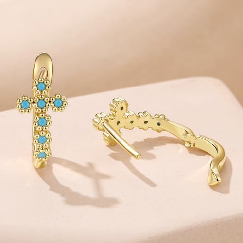 Turquoise Cross Hoop Earrings for Women 14K Gold Plated Infinity Angel Feather Pearl Turquoise Cross Star Hypoallergenic Post Christan Everyday Huggie Jewelry Gift - color: Gold Cross