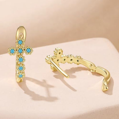 Turquoise Cross Hoop Earrings for Women 14K Gold Plated Infinity Angel Feather Pearl Turquoise Cross Star Hypoallergenic Post Christan Everyday Huggie Jewelry Gift - color: Gold Cross