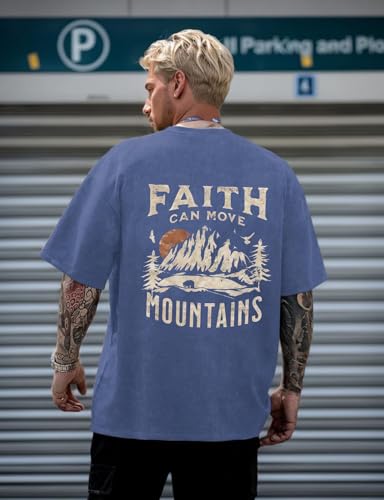 Men's Graphic Shirt Faith Can Move Mountains Shirt Oversized Camping Hiking Tees Acid Wash Casual T-Shirt - color: A Blue, size: Medium