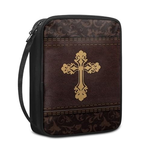Cross Print Bible Cover for Women Men,Brown Bible Case,Lightweight Bible Bag with Handle - color: Cross-brown