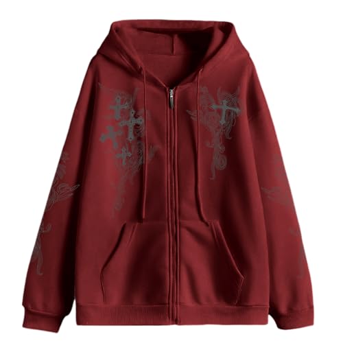 Zip Up Hoodies Y2k Jacket Graphic Gothic Jackets Grunge Cross Hoodie Baggy Streetwear Emo Sweater Aesthetic Clothes - color: Wine Red, size: Large
