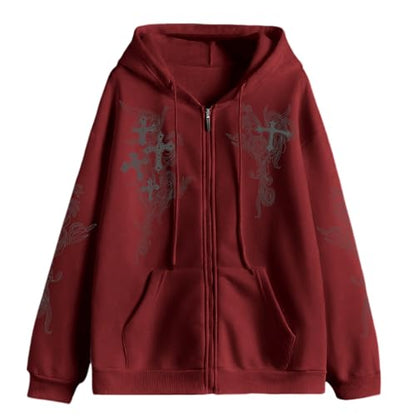 Zip Up Hoodies Y2k Jacket Graphic Gothic Jackets Grunge Cross Hoodie Baggy Streetwear Emo Sweater Aesthetic Clothes - color: Wine Red, size: Large