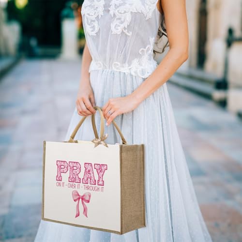 KongMoTree Christian Tote Bags, Coquette Bow Bag with Floral Christians Gifts for Mom, Wife, Sisters, Best Friends - color: Pray on It Over It Through It Pink