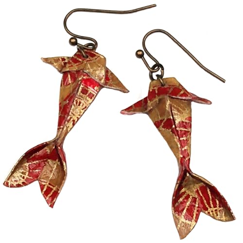 Paper Origami Koi Fish Earrings, 6 Color Patterns - color: Brass, Red