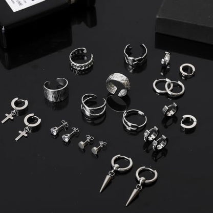 NEWITIN 37 Pieces Silver Jewelry Set for Men Stainless Steel Cross Jewelry - color: Metallic
