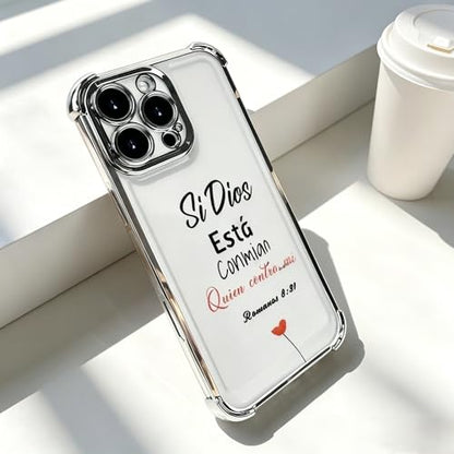 Electroplated Phone Case Compatible with iPhone 17 Pro Max 16 15 14 13 12, Si Dios Esta Conmigo Bible Verse Pattern, Four Corner Shockproof Cover, Women Faith Gift (Silver, iPhone 17 Pro)