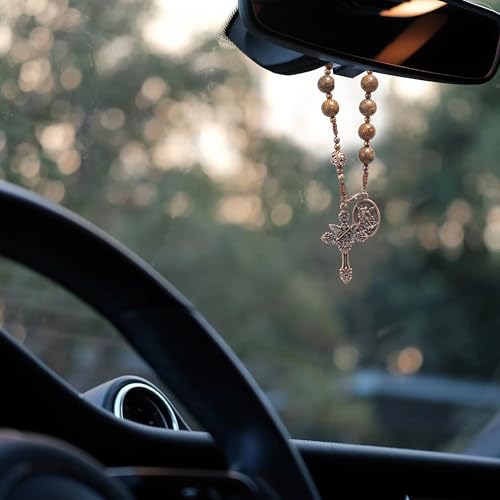 Nazareth Store Wood Beads One Decade Rosary Handmade Pocket Car Mirror with Saint Medal and Jesus Cross in Antique Bronze Wooden Travel Friendly Rosary - style: St. michael medal & cross
