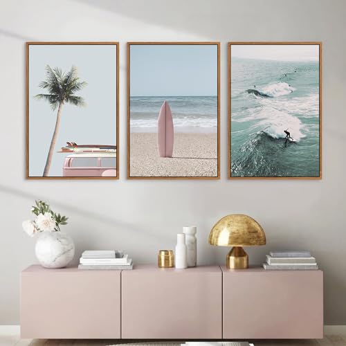 CHDITB Coastal Beach Framed Wall Art, Palm Tree Surfboard Seascape Painting - color: Beach, size: 16"L x 24"W