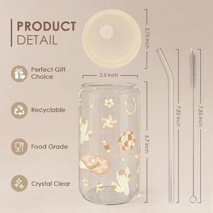 SANDJEST Western Cowgirl 16oz Can Glass Tumbler with Acrylic Lid & Straw, Iced Coffee Cup for Women, Aesthetic Cups Gifts for Birthday Christmas - color: Cowgirl 1