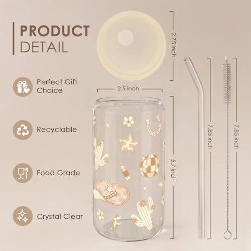 SANDJEST Western Cowgirl 16oz Can Glass Tumbler with Acrylic Lid & Straw, Iced Coffee Cup for Women, Aesthetic Cups Gifts for Birthday Christmas - color: Cowgirl 1