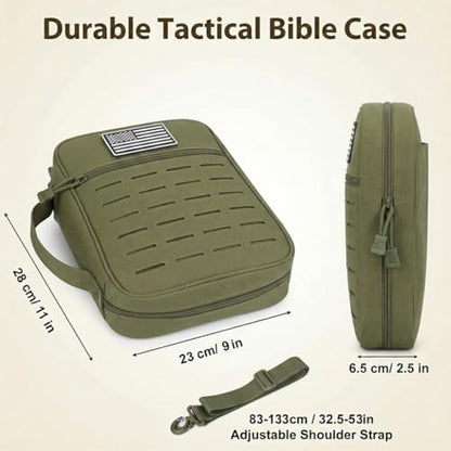 Tactical Bible Cover for Men, Large Bible Case with Shoulder Strap & US Flag Patch, Water Resistant Bible Carrier Bag with Handle, Multi Pockets for Church Study & Travel （Green） - color: Green