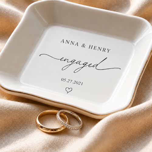 Personalized Jewelry Dish with Initials & Date, Custom Ring Dish for Engagement Rings, Bridesmaid Gifts, Bridal Shower Wedding Gift for Bride, Birthday Graduation Gift for Her Mom - color: Engagement Ring Dish