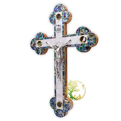XLarge Handmade Mother of Pearl wall cross inlaid over Olivewood- Modern Religious Home wall décor - Unique Wooden crucifix for all occasions