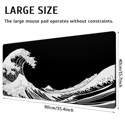 Dark Wave Mouse Pad,35.4 x 15.7 Inch Large Mouse Mat Non-Slip Rubber Stitched Edges for Writing Desk,Office,Home,Laptop - color: Dark Wave, size: 35.4L x 15.7W inches