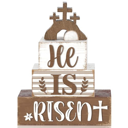 4 Pcs Easter Table Decorations Wooden Table Sign Religious Wood Centerpieces Bunny Blocks Farmhouse Spring Tiered Tray Decor for Home Kitchen Shelf(Rustic Cross) - style: Rustic Cross