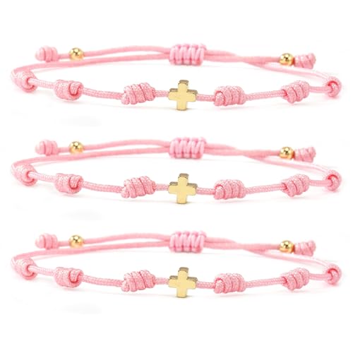 7 Knots Protection Good Luck Red String Rope Gold Cross Bracelet for Women Men, 3Pcs stack Evil Eye Handmade Amulet Adjustable Jewelry, God Christ Pray Friendship Gift - color: Pink Cross