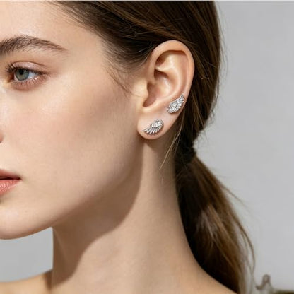 Angel Wing Earrings for Women Statement Flat Back Cartilage Stud Earrings Trendy Angel Wing Helix Piercing Stud Silver Cubic Zirconia Earring Jewelry Accessories - color: Silver