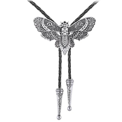 Western Cowboy Bolo tie for Men Women Gold Silver Death Skull Moth Cross Bolo Tie Christmas Deer Rooster Wolf Necktie Gift - color: 1# Silver Death Moth