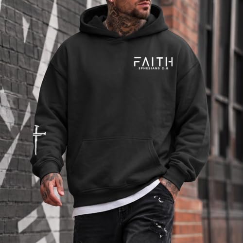 Christian Hoodies for Men Faith Cross Graphic Hoodie Jesus Fleece Sweatshirts Bible Verse Religious Pullover Tops - color: Black, size: Large