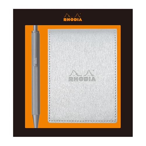 Rhodia cfmtpu11setsv Metallic PU Leather Ballpoint Pen Script Set, Silver (Block Rodia No. 11 A7 Notepad, White Included, 80 Pieces, 0.2 inch (5 mm) Square) - color: Silver, style: Script Ballpoint Pen Set