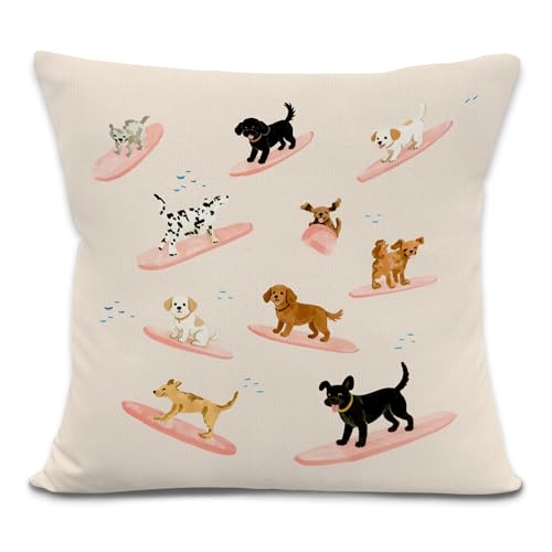 Funny Dog Surf Throw Pillow Cover, Dog Lover Gifts for Women Men, Whimsical Surfing Puppy Decorative Pillowcases Cushion Cases for Home Bedroom Living Room Decor, 18x18 Pillow Cover - color: Animal_7