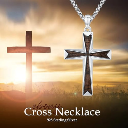 Cross Necklace for Men 925 Sterling Silver Cross Ebony Wooden Ankh Raven Praying Hands Crucifix Amulet Religious Jewelry Gifts for Men Women - color: Cross6