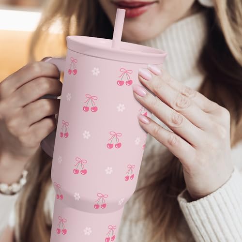 SANDJEST Cherry 40oz Slider Tumbler with Handle and Straw - Insulated Stainless Steel Travel Coffee Mug for Women Girls, Gift for Birthday Christmas - color: Cherry