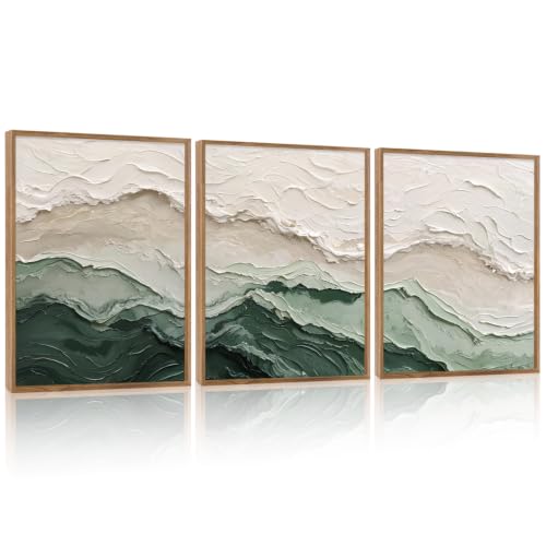 Aurlan 3D Textured Green Abstrcat Ocean Framed Canvas Wall Art 12x16 Inch - color: Green Beige (3D Textured), size: 12"L x 16"W